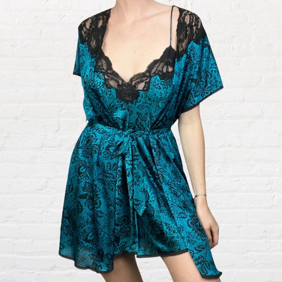 VINTAGE | 1980’s Vanity Fair Teal Black Lace Intimates Slip Dress & Robe Set - Picture 1 of 11